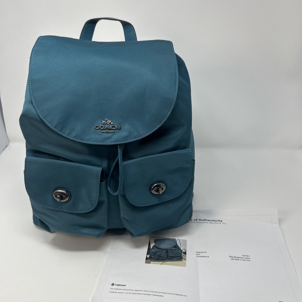 COACH New York Dark Teal Nylon Leather Backpack Drawstring Turnlock W/ COA